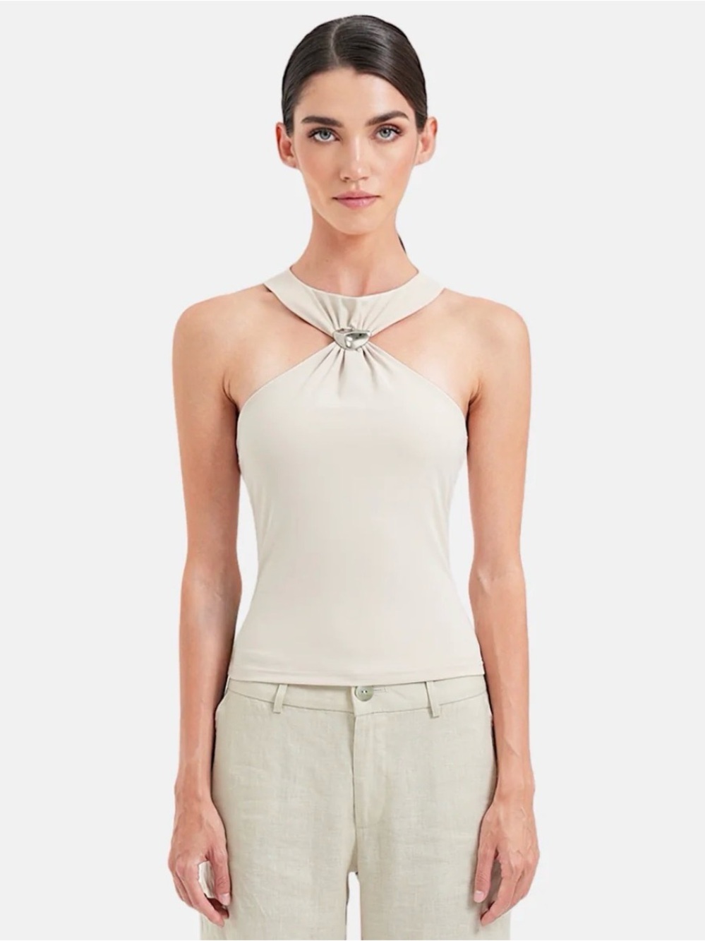 OW COLLECTION Open Water DIONE TOP Sleeveless Twist Halter Top in Light Beige